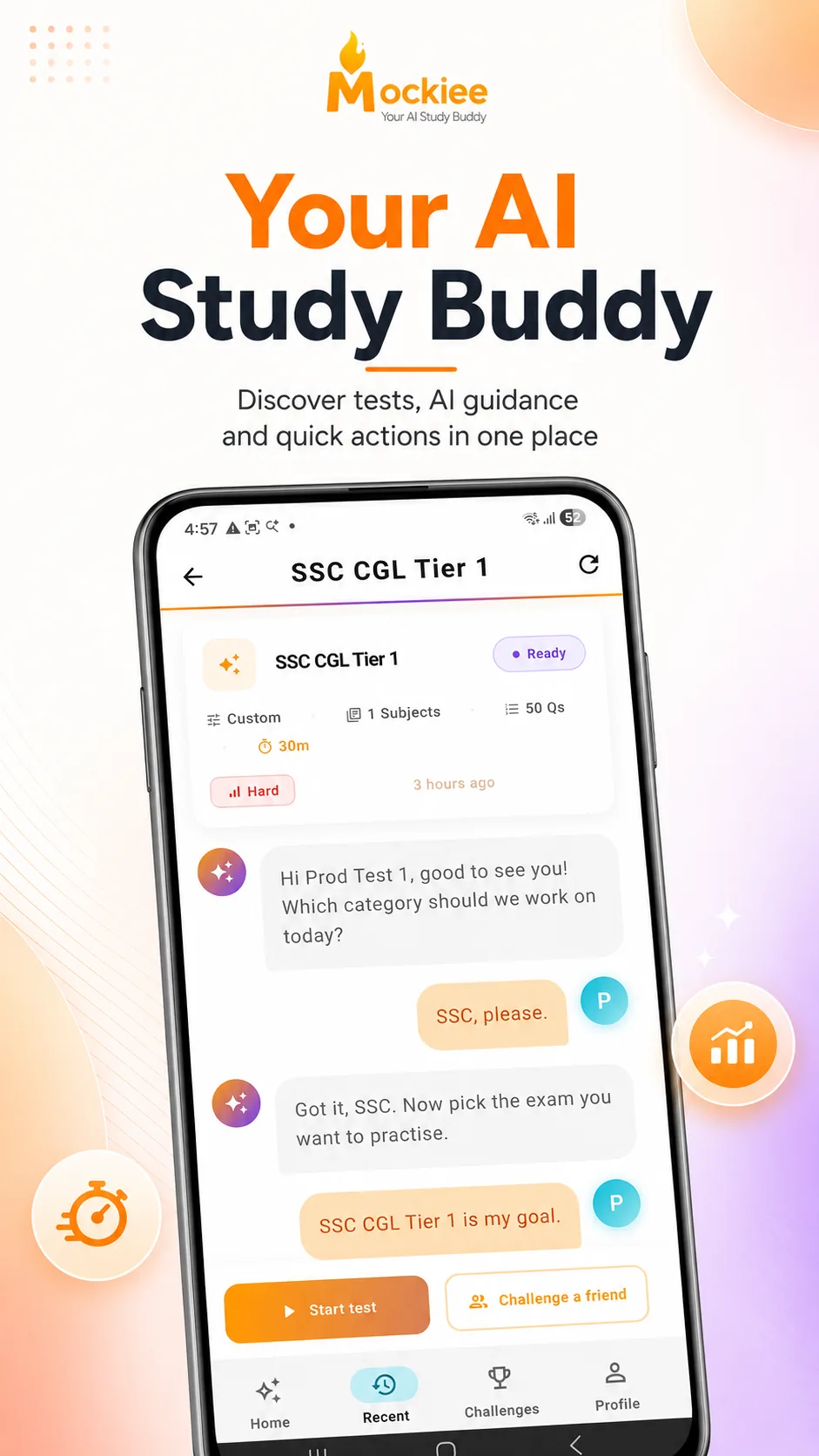 Mockiee app screen showing AI Study Buddy and exam practice setup