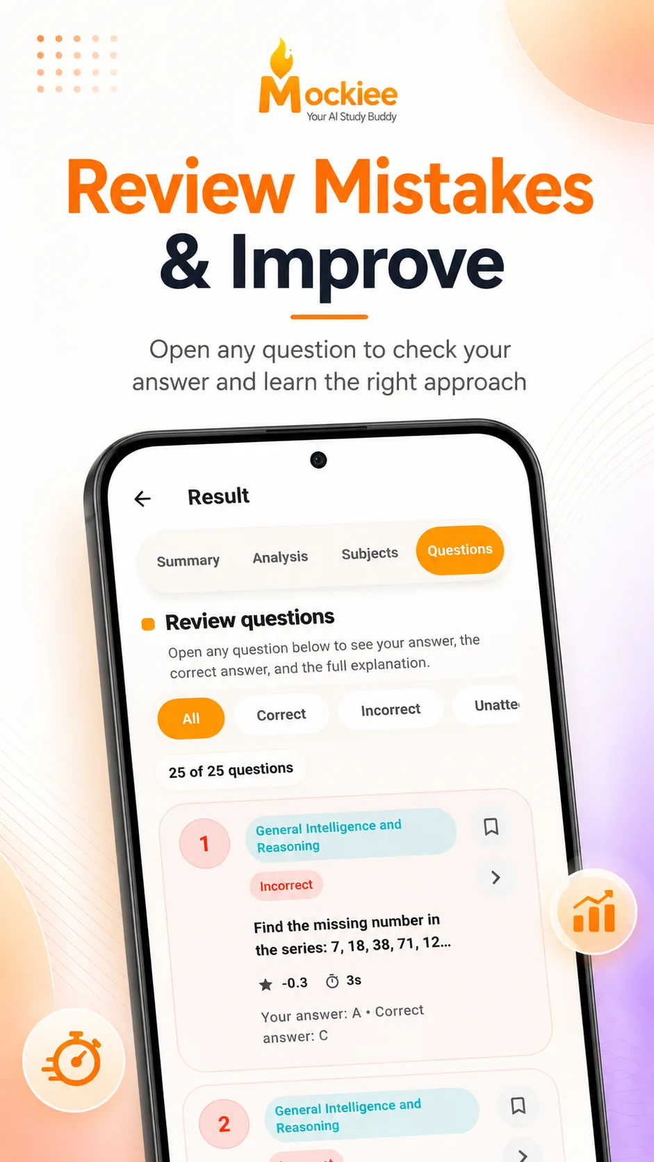 Mockiee mistake review showing selected and correct answers